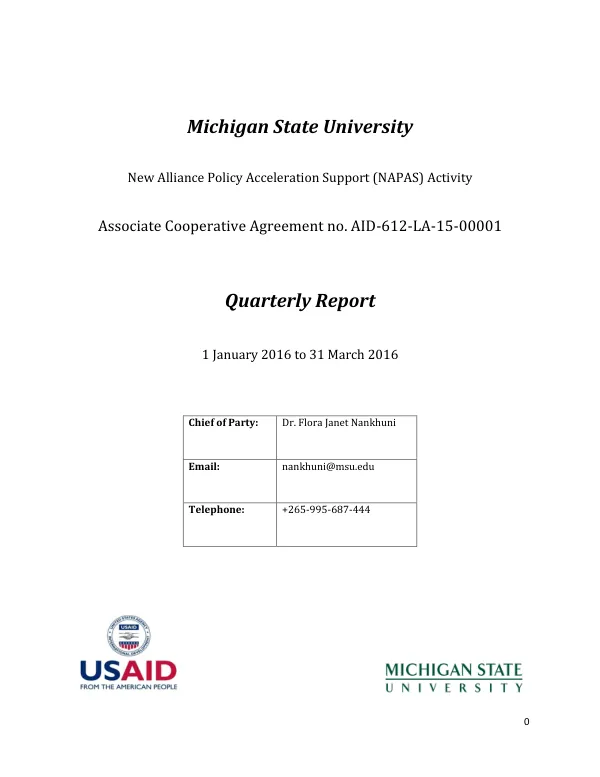 Quarterly Report: New Alliance Policy Acceleration Support: Malawi (NAPAS: Malawi) Activity