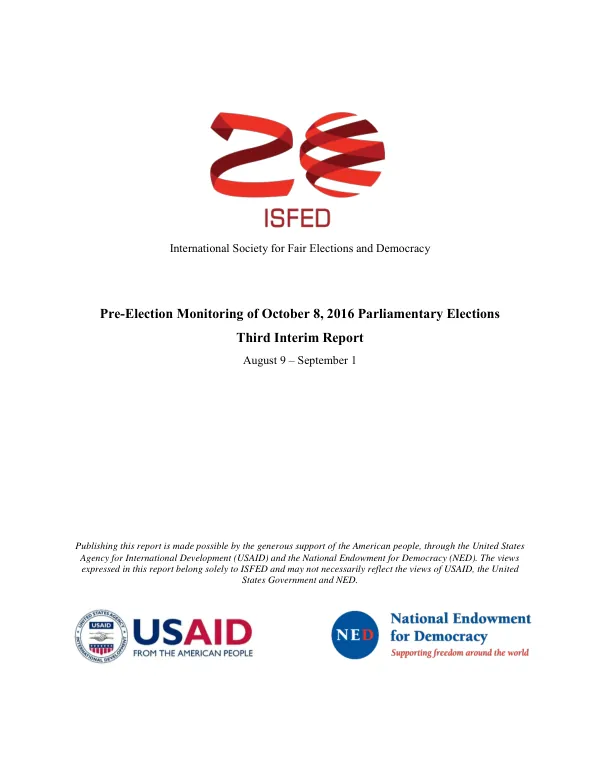 Pre-Election Monitoring of October 8, 2016 Parliamentary Elections Third Interim Report