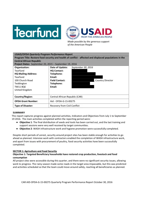 USAID/OFDA Quarterly Program Performance Report: Restore food security and health of conflict-affected and displaced populations in the Central African Republic