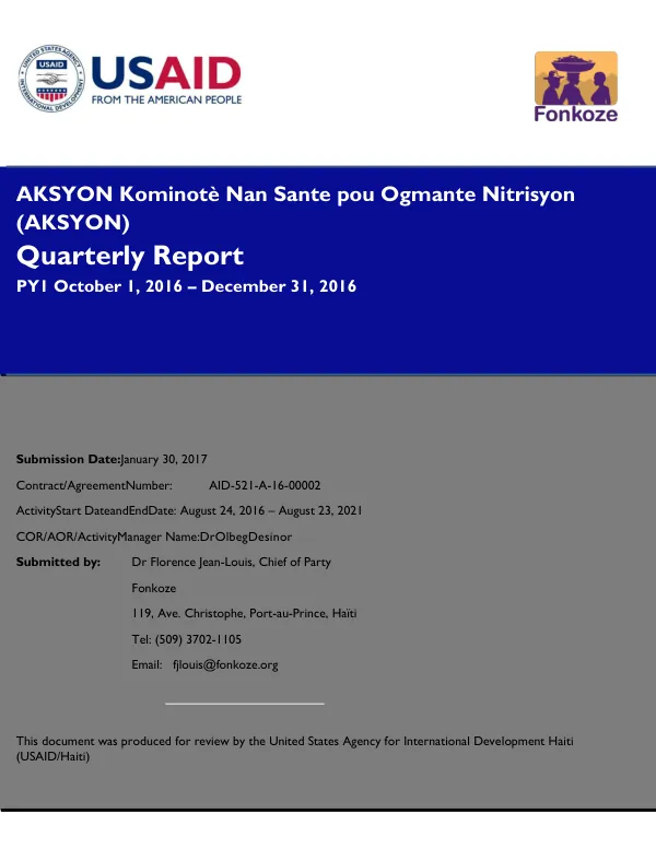 Quarterly ReportPY1 (October 1, 2016 – December 31, 2016)