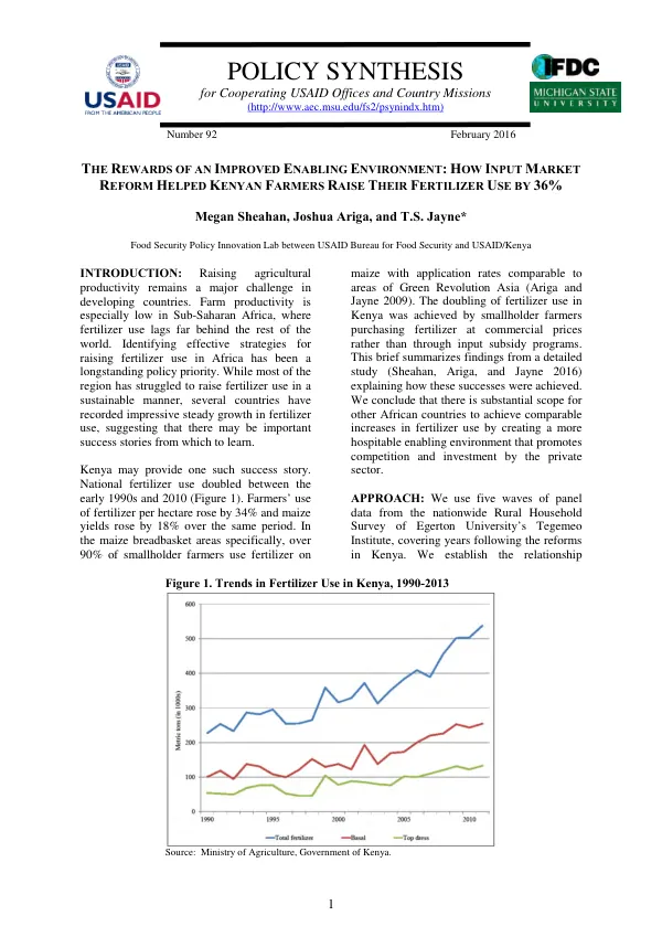 The Rewards of an Improved Enabling Environment: How Input Market Reform Helped Kenyan Farmers Raise Their Fertilizer Use by 36%