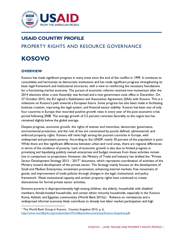 Kosovo – Land Tenure and Property Rights Profile
