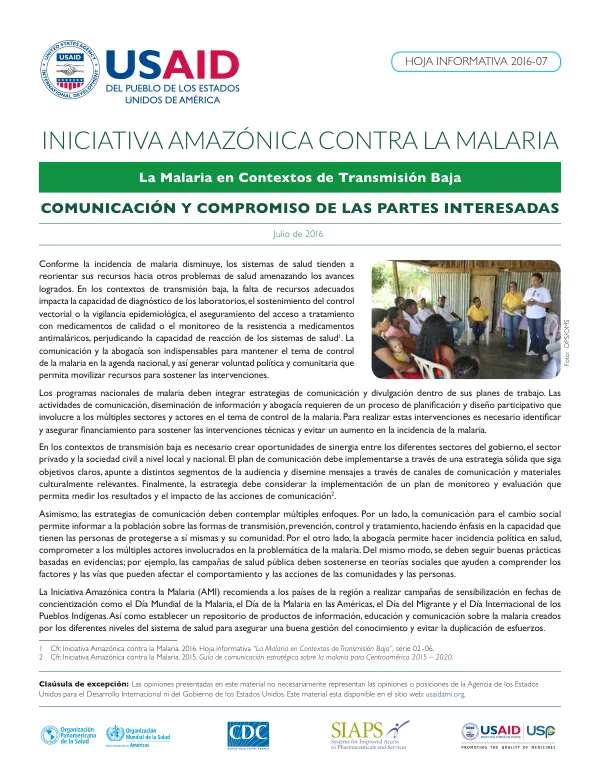 La Malaria en Contextos de Transmisión Baja: Comunicación y Compromiso de las Partes Interesadas