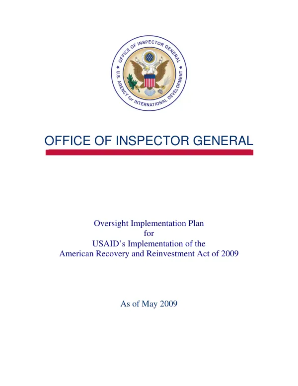 Oversight implementation plan for USAID"s implementation of the American Recovery and Reinvestment Act of 2009