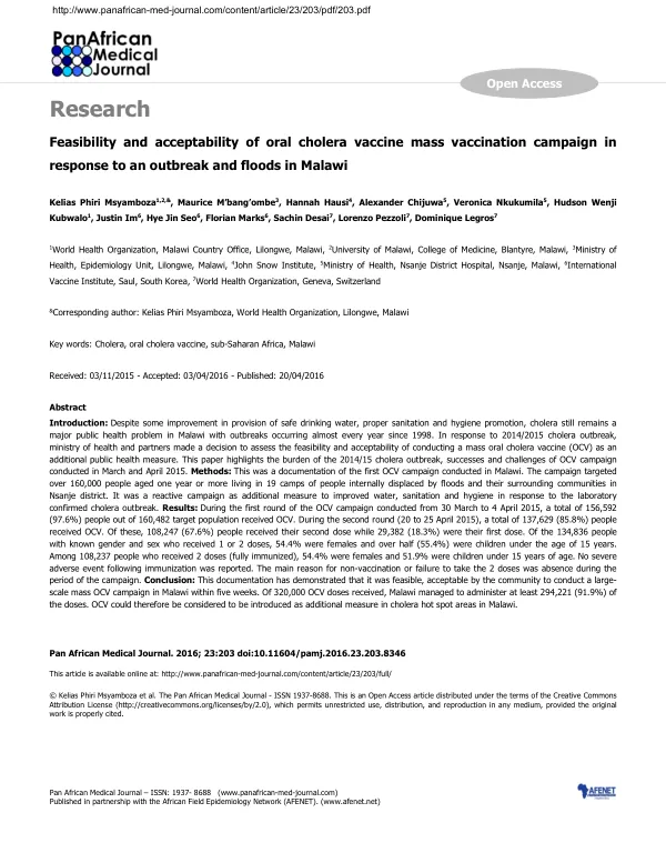 Feasibility and acceptability of oral cholera vaccine mass vaccination campaign in response to an outbreak and floods in Malawi