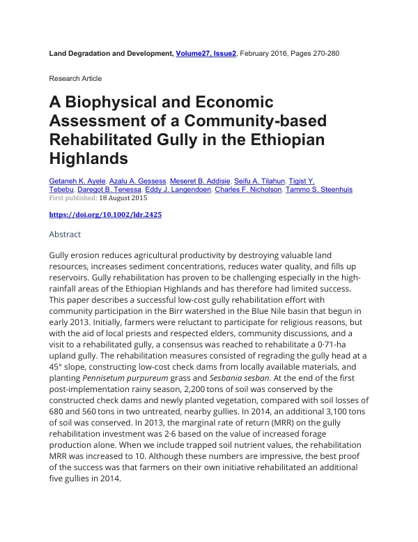 A Biophysical and Economic Assessment of a Community-based Rehabilitated Gully in the Ethiopian Highlands