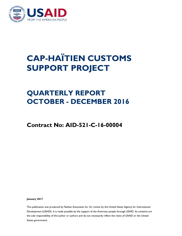 Cap-Haïten Customs Support Project Quarterly Report October - December 2016
