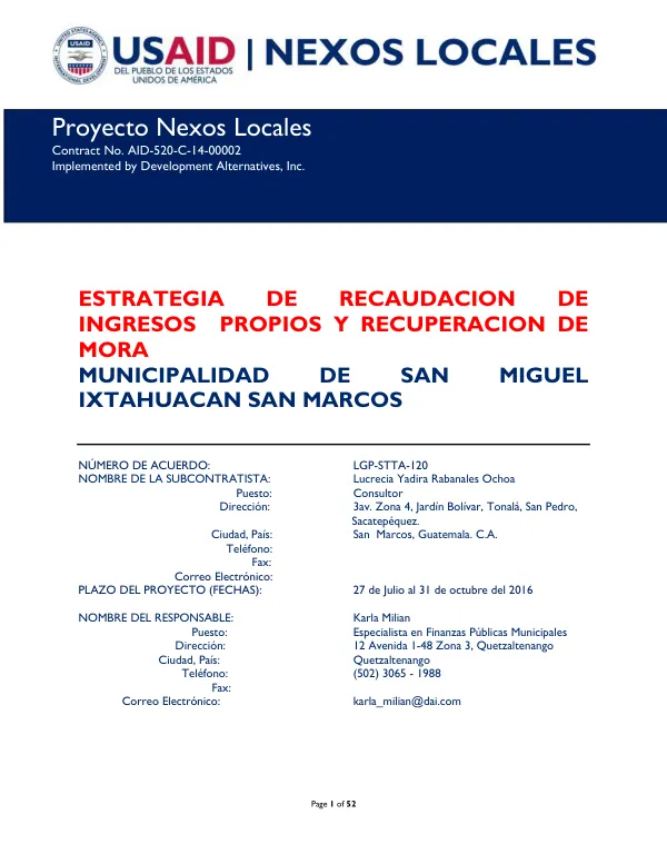 Estrategia de Recaudación de Ingresos Propios y Recuperación de Morosidad San Miguel Ixtahuacán San Marcos
