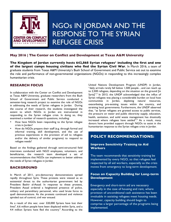 Final Report: NGOs in Jordan and the Response to the Syrian Refugee Crisis