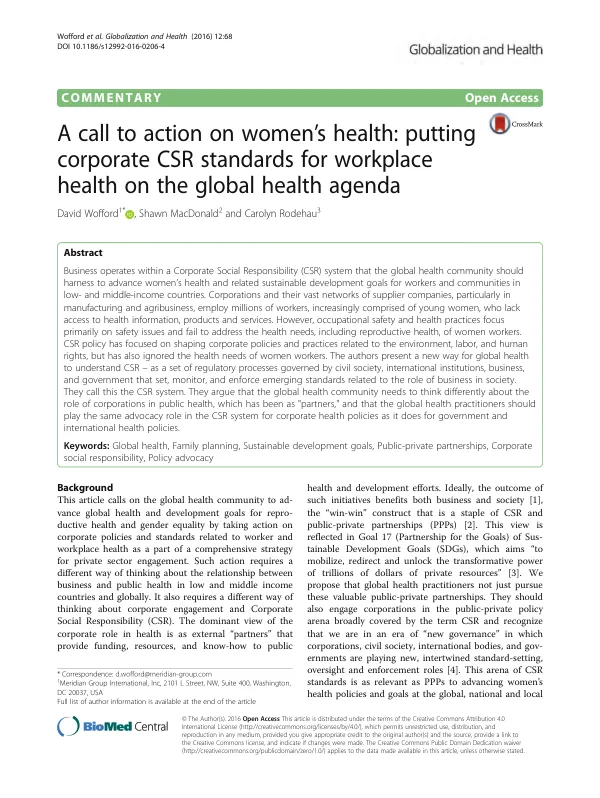 A call to action on women’s health: putting corporate CSR standards for workplace health on the global health agenda