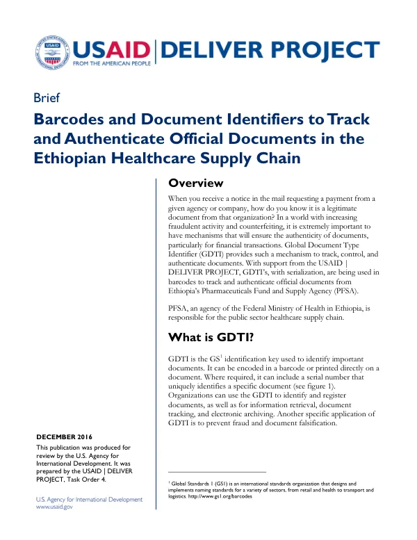 Barcodes and Document Identifiers to Track and Authenticate Official Documents in the Ethiopian Healthcare Supply Chain