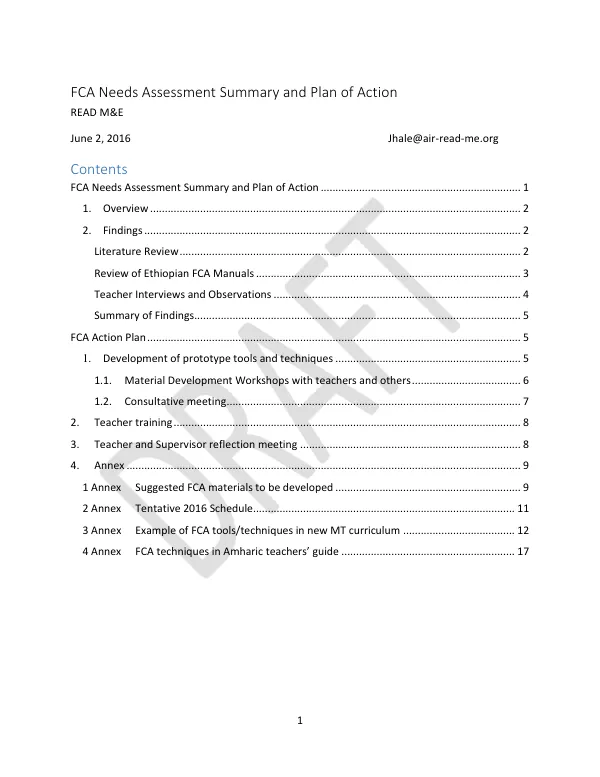 FCA Needs Assessment Summary and Plan of Action