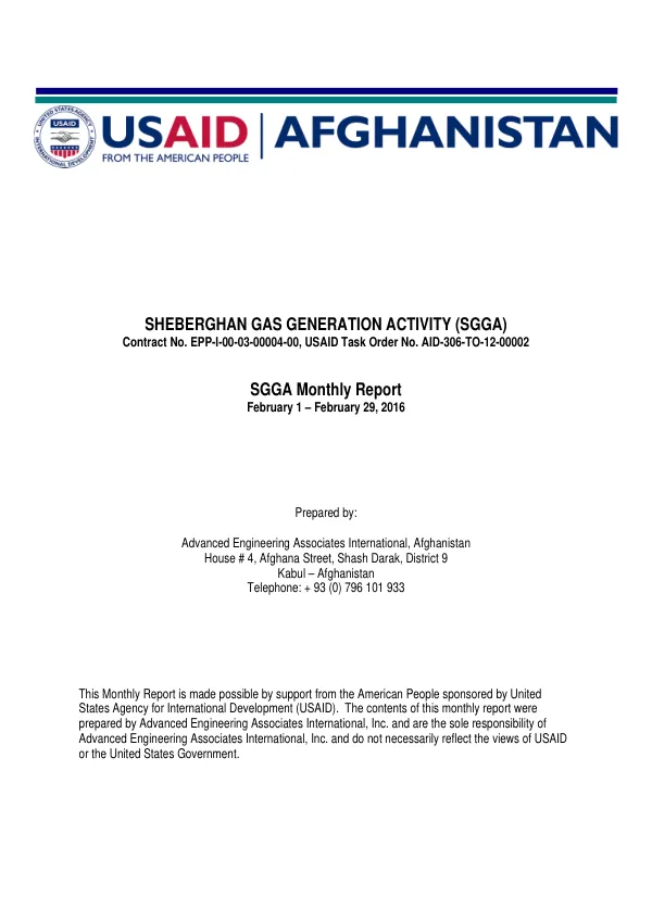 Sheberghan Gas Generation Activity (SGGA) Monthly Report