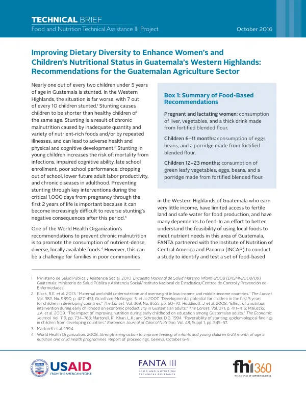 Improving Dietary Diversity to Enhance Women's and Children's Nutritional Status in Guatemala's Western Highlands: Recommendations for the Guatemalan Agriculture Sector