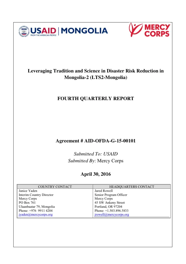 Leveraging Tradition and Science in Disaster Risk Reduction in Mongolia-2 (LTS2-Mongolia) Fourth Quarterly Report