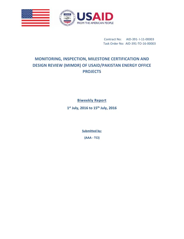 Monitoring, Inspection, Milestone Certification and Design Review (MIMDR) of USAID/Pakistan Energy Office Projects