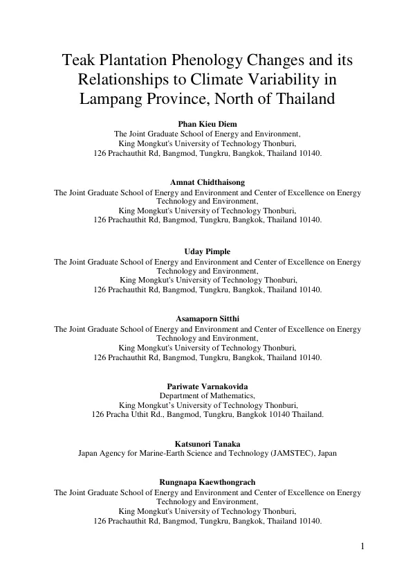 Teak Plantation Phenology Changes and its Relationships to Climate Variability in Lampang Province, North of Thailand