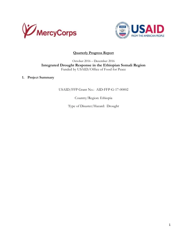 Quarterly Progress Report: Integrated Drought Response in the Ethiopian Somali Region