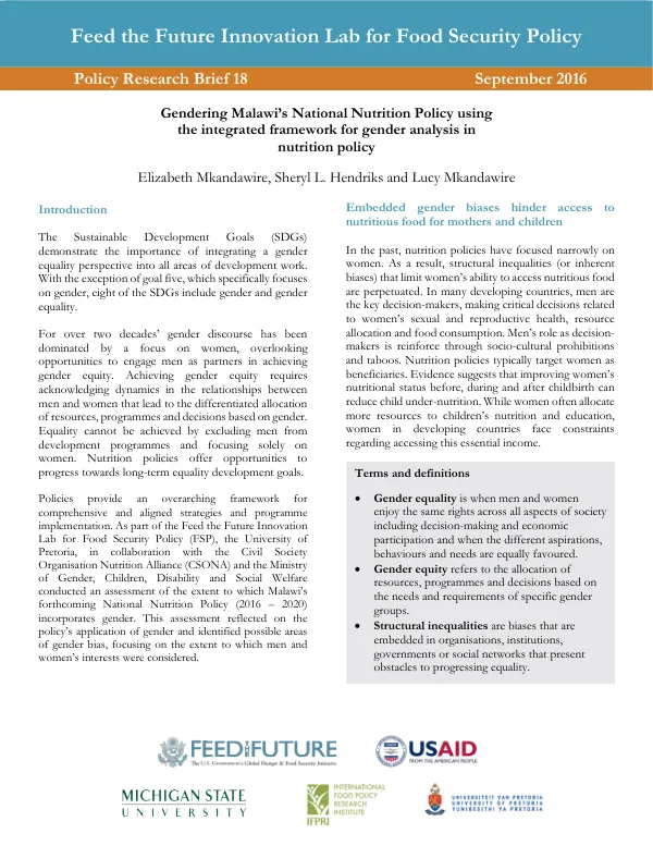 Gendering Malawi’s National Nutrition Policy using the integrated framework for gender analysis in nutrition policy