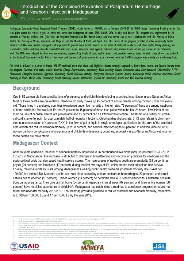 Introduction of the Combined Prevention of Postpartum Hemorrhage and Newborn Infection in Madagascar