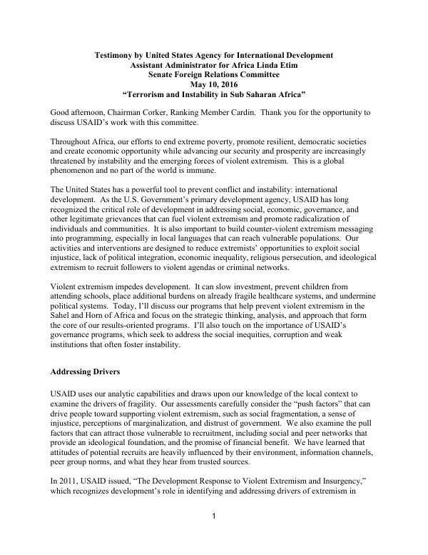 Testimony by United States Agency for International Development Assistant Administrator for Africa Linda Etim Senate Foreign Relations Committee