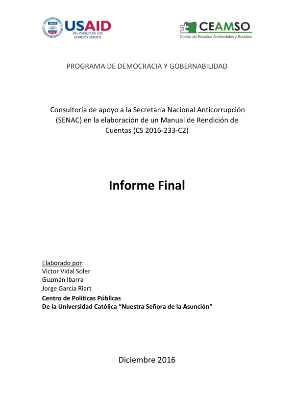 Consultoría de apoyo a la Secretaría Nacional Anticorrupción (SENAC) en la elaboración de un Manual de Rendición de Cuentas