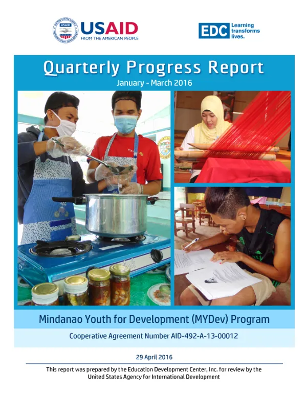 Mindanao Youth for Development (MYDev) Program Quarterly Progress Report: January – March 2016