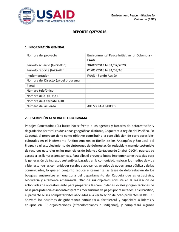 Environment Peace Initiative for Colombia (EPIC) REPORTE Q2FY2016