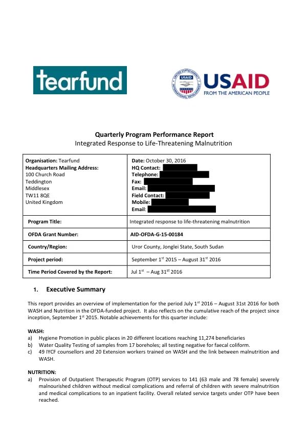 Quarterly Program Performance Report Integrated Response to Life-Threatening Malnutrition