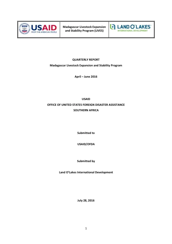 Madagascar Livestock Expansion and Stability Program (LIVES) Quarterly Report