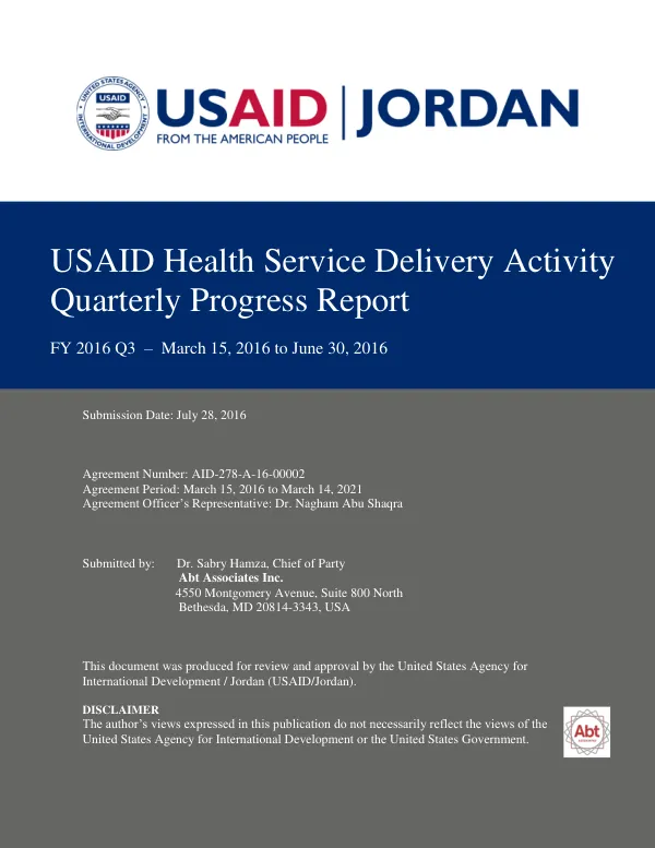 USAID Health Service Delivery Activity Quarterly Progress Report FY 2016 Q3