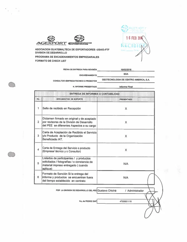 Diseño participativo del Sistema de Gestión Ambiental (SGA) de la División de Desarrollo para cadenas de valor rurales. RVCP/AGEXPORT