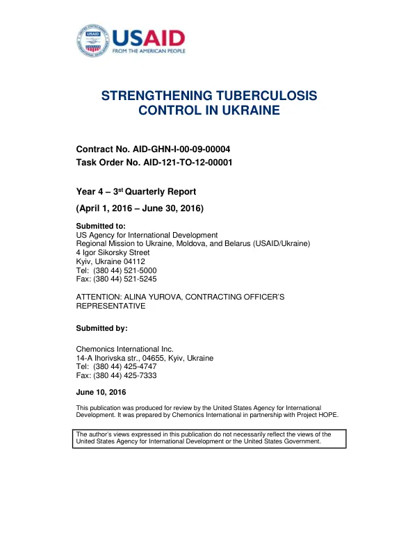 Strengthening Tuberculosis Control in Ukraine: Year 4 – Quarter 3