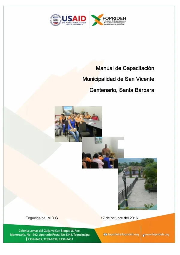 Manual de Capacitación de la Municipalidad de San Vicente Centenario, Departamento de Santa Bárbara. Año 2016