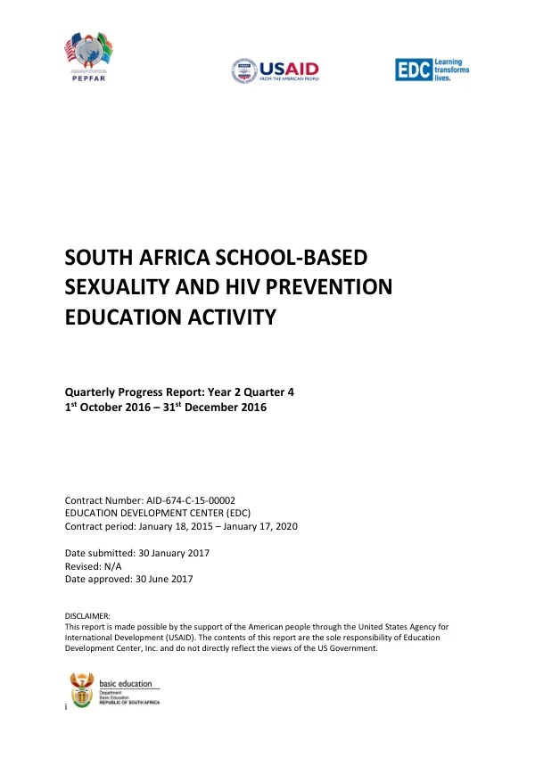 South Africa School-Based Sexuality and HIV Prevention Education Activity Quarterly Progress Report: Year 2 Quarter 4