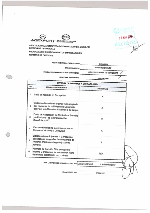 Implementación de 2 Centros de Recepción de Productores en la Asociación de Desarrollo Integral Comunitario Agroforestal -ADIAGRO-, y Grupo de Productores SICALBE