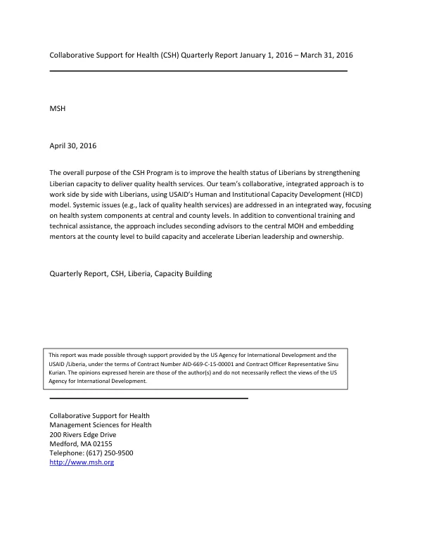 Collaborative Support for Health (CSH) Quarterly Report January 1, 2016 – March 31, 2016