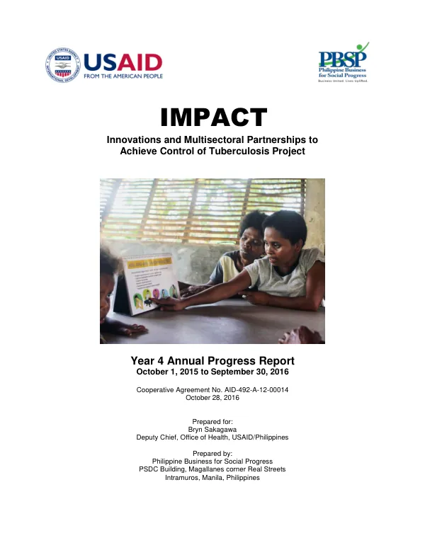 Year 4 Annual Progress Report: Innovations and Multisectoral Partnerships to Achieve Control of Tuberculosis Project