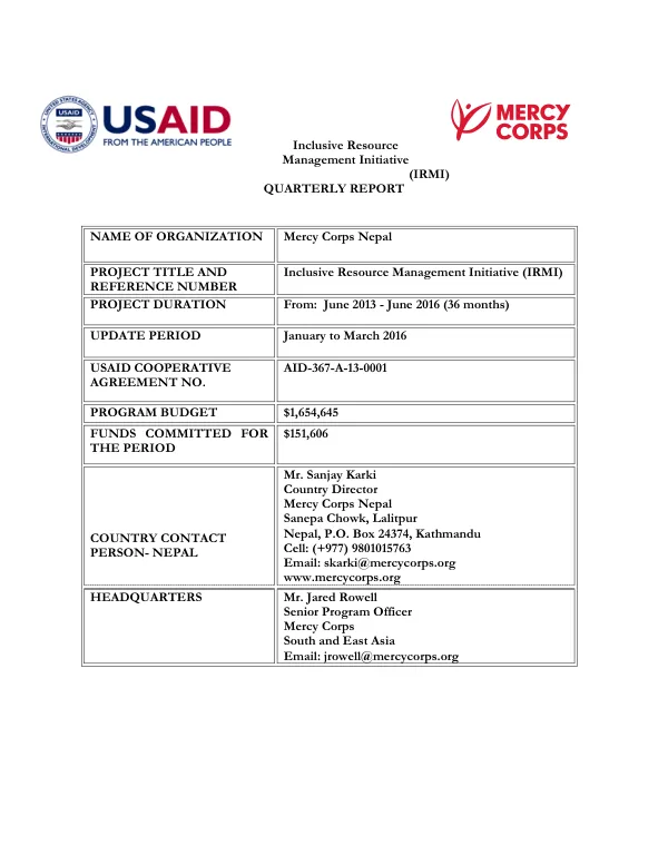 Inclusive Resource Management Initiative (IRMI) Quarterly Report