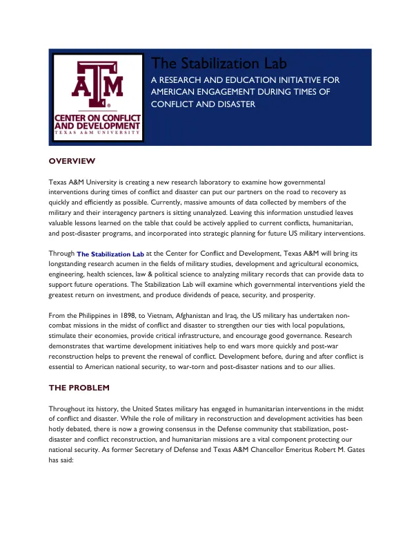 The Stabilization Lab: A Research and Education Initiative for American Engagement During Times of Conflict and Disaster