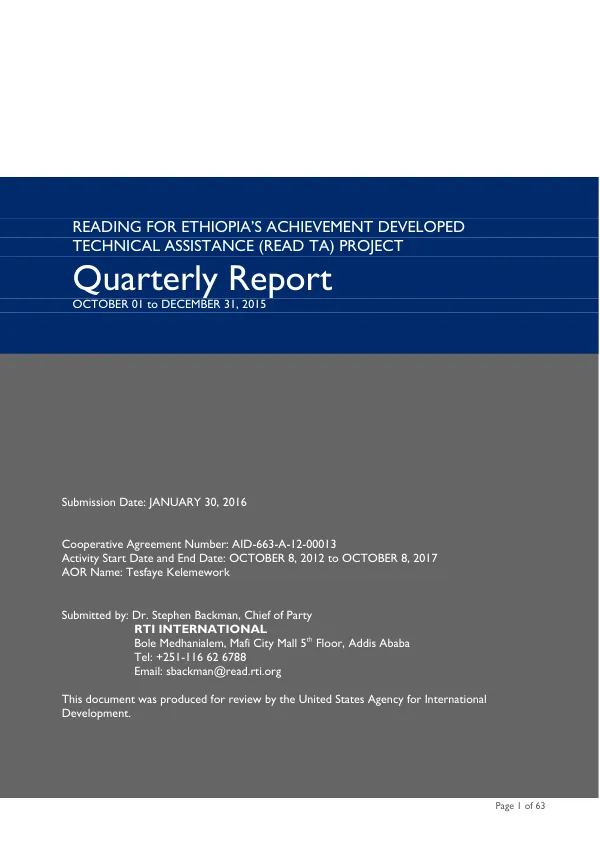 Quarterly Report: Reading for Ethiopia’s Achievement Developed Technical Assistance (READ TA) Project