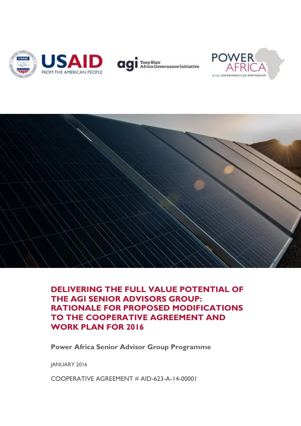 Delivering the Full Value Potential of the AGI Senior Advisors Group: Rationale for Proposed Modifications to the Cooperative Agreement and Work Plan for 2016
