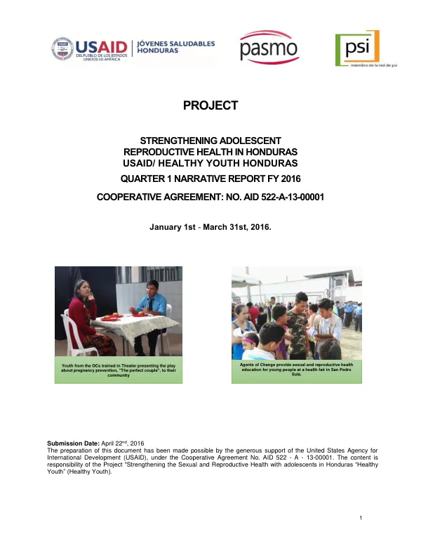 Strengthening Adolescent Reproductive Health in Honduras: USAID/Healthy Youth Honduras Quarterly Narrative Report FY 2016