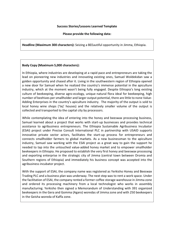Success Stories/Lessons Learned Template: Seizing a BEEautiful opportunity in Jimma, Ethiopia
