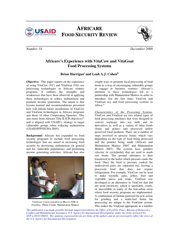 Africare"s experience with VitaCow and VitaGoat food processing systems