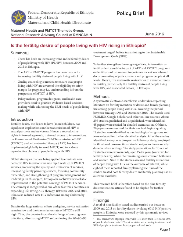 Policy Brief: Maternal Health and PMTCT Thematic Group, National Research Advisory Council of RMNCAH-N, Federal Democratic Republic of Ethiopia, Ministry of Health, Maternal and Child Health Directorate
