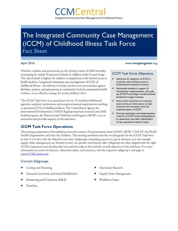 The Integrated Community Case Management (iCCM) of Childhood Illness Task Force Fact Sheet