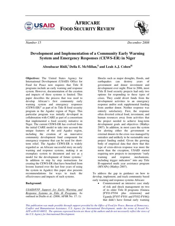 Development and implementation of a community early warning system and emergency responses (CEWS-ER) in Niger