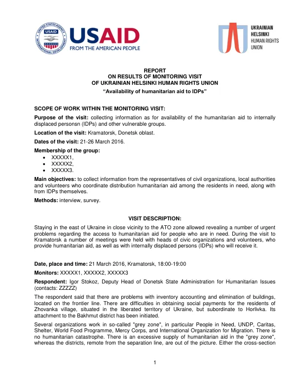 REPORT ON RESULTS OF MONITORING VISIT OF UKRAINIAN HELSINKI HUMAN RIGHTS UNION
