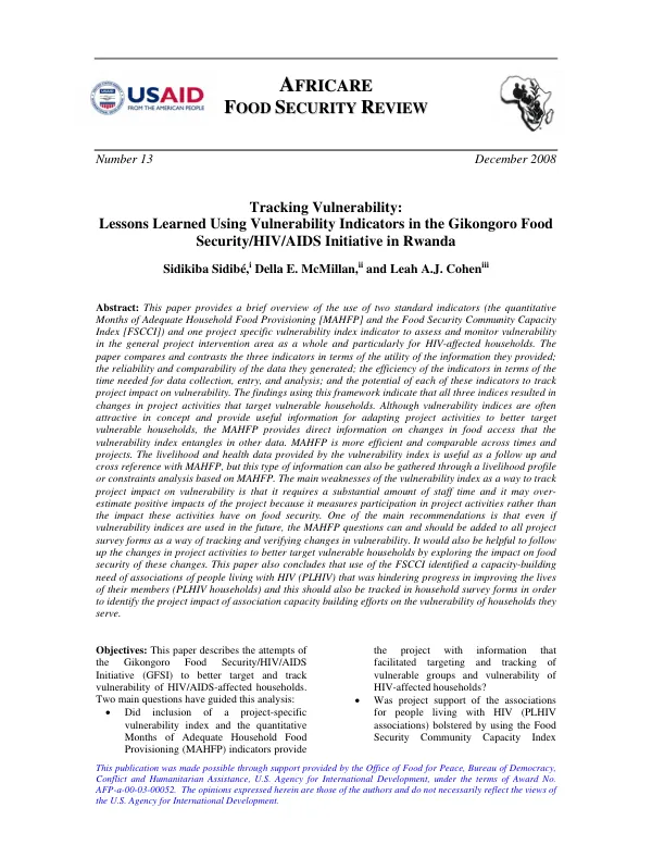 Tracking vulnerability : lessons learned using vulnerability indicators in the Gikongoro food security/HIV/AIDS initiative in Rwanda